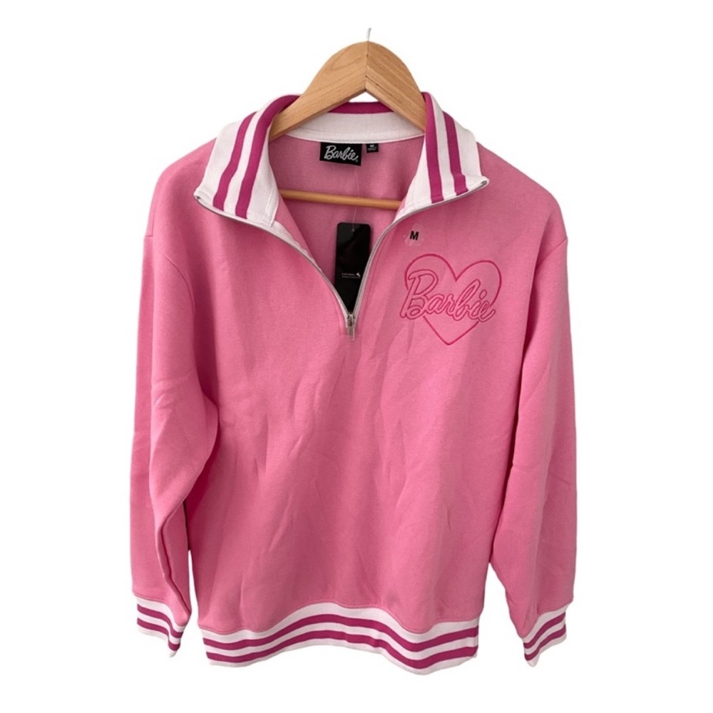 Barbie Women's Pink/White 1/4 Zip Pullover Sweatshirt NWT Size L